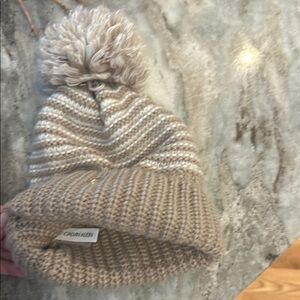 Calvin Klein Tan and White Knit Hat with Pom-Pom